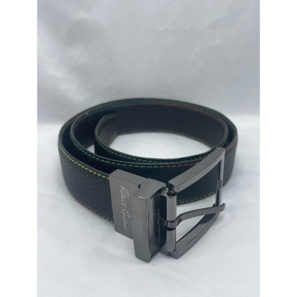 ROBERT GRAHAM Black Pebbled Simulated Leather‎ Belt Size 38 Silver Buckle